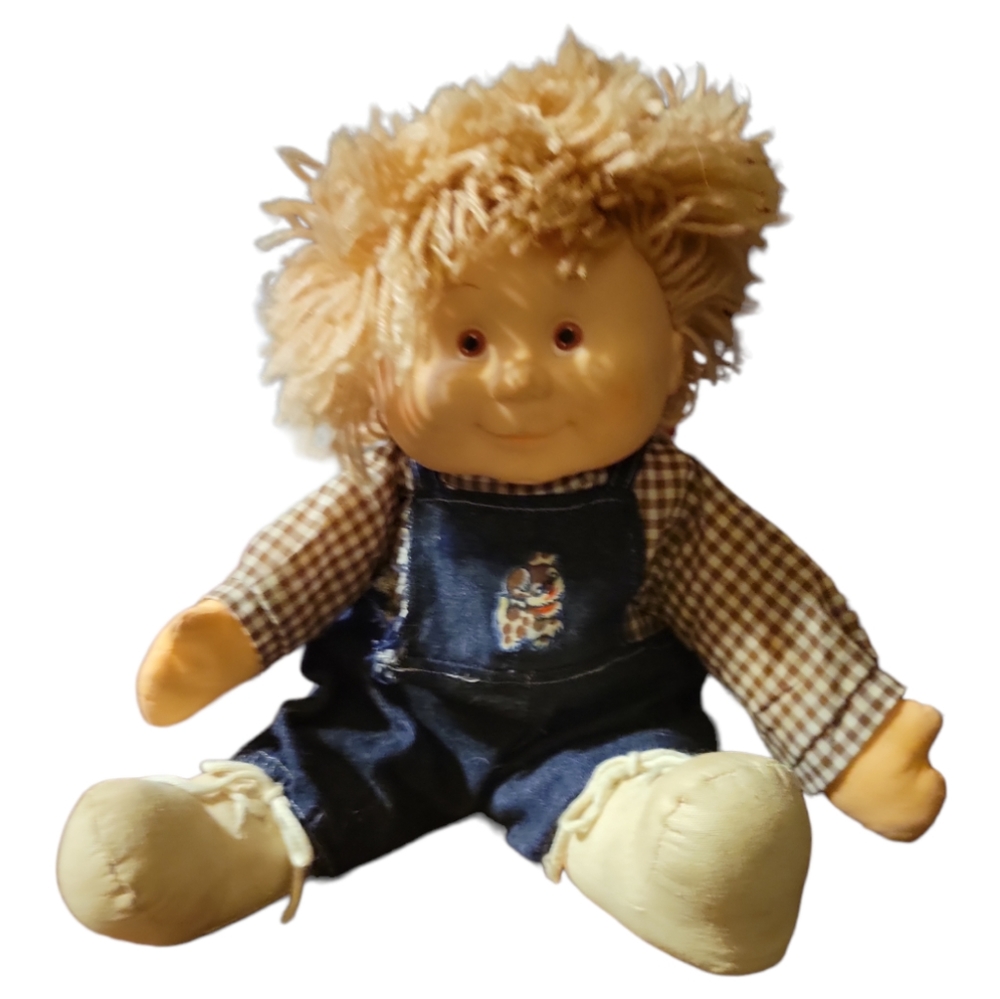 Vtg 1980's Blue Box Boy Doll Jean Overalls Dog Freckles Cabbage Patch Style